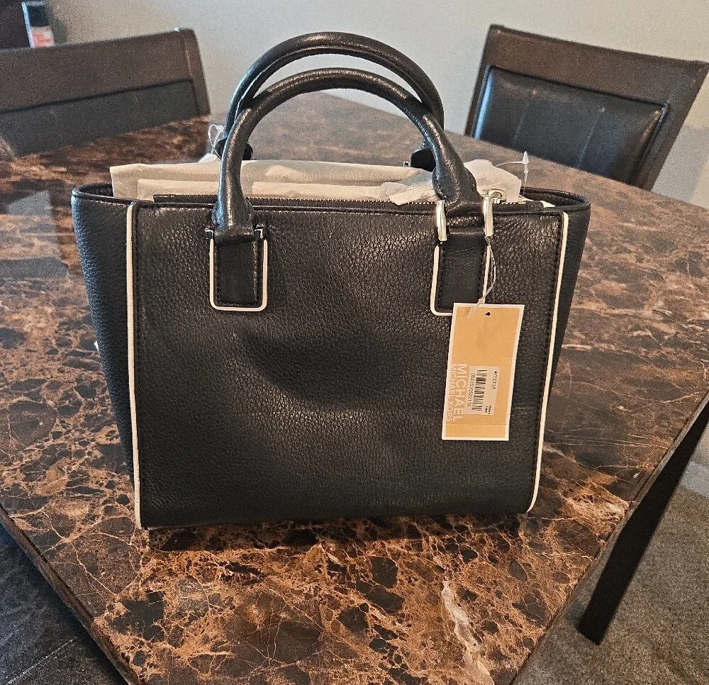 Michael Kors Black Leather Tote with White Piping